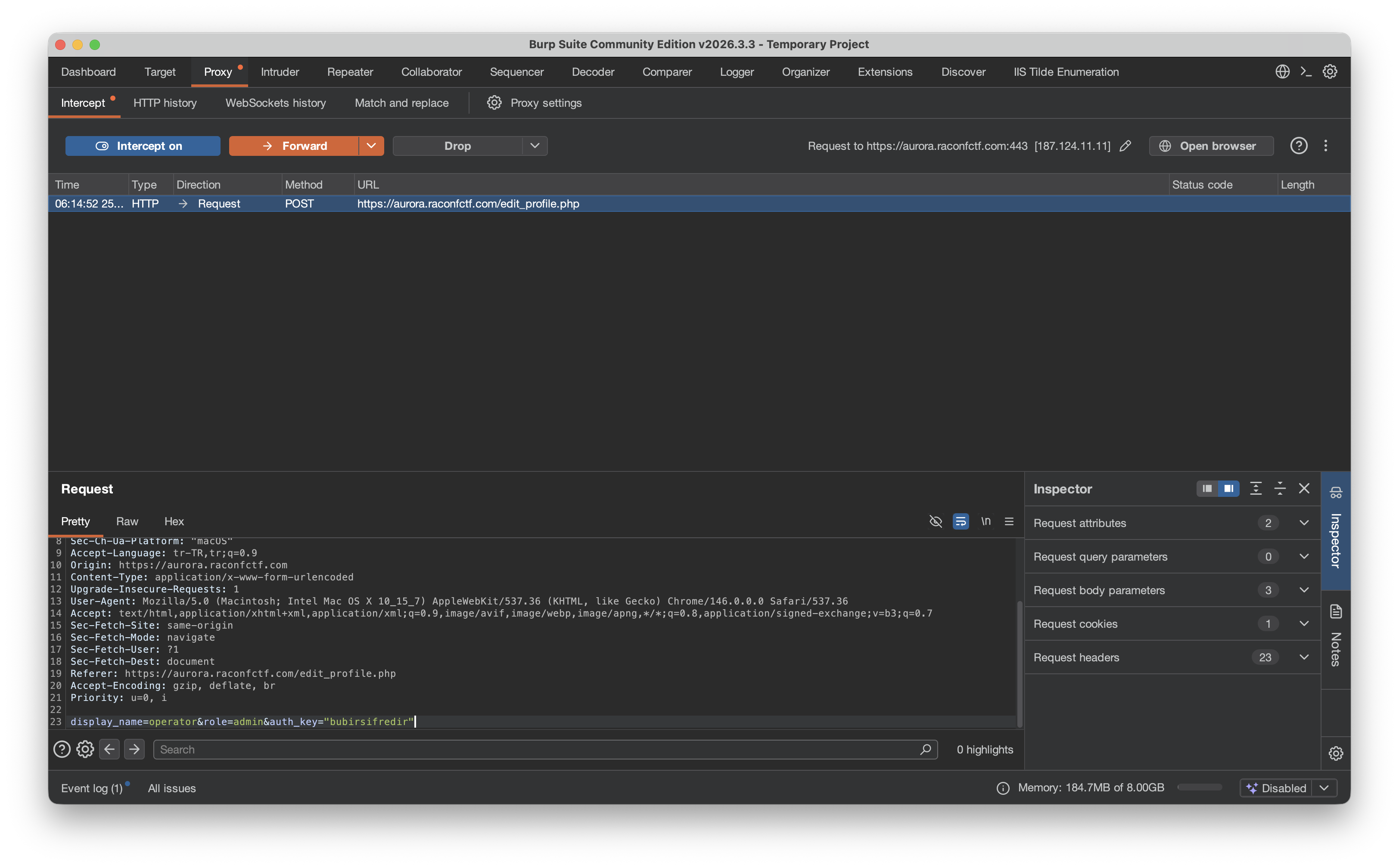 First auth_key attempt via Burp